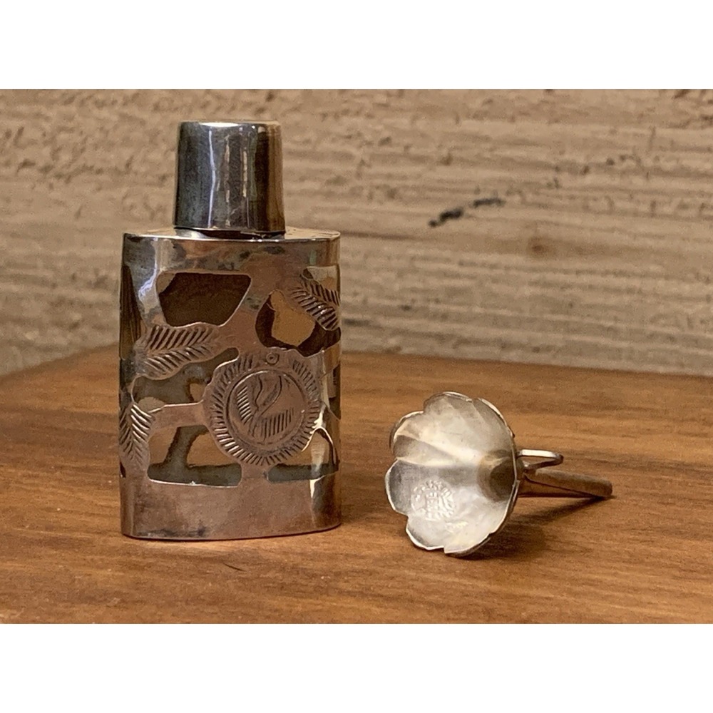 925  Miniature Glass Perfume Bottle with Sterling Overlay & Funnel Mexico Signed